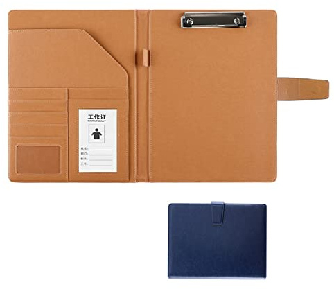Dossier Presse-papiers Classeur en Faux cuir for ordinateur portable A4, support d'affaires for CV, tampon juridique, entretien(Blue,No calculator)