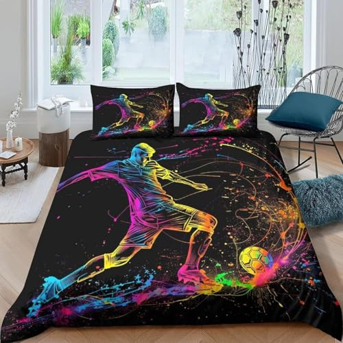 BJCJGGL Housse de Couette 140x200 Enfant Ballon de Foot Noir Parure de Lit 1 Personne avec Fermeture Éclair et 2 Taie d'oreiller 65x65 cm - Doux Respirant Microfibre Housse de Couette