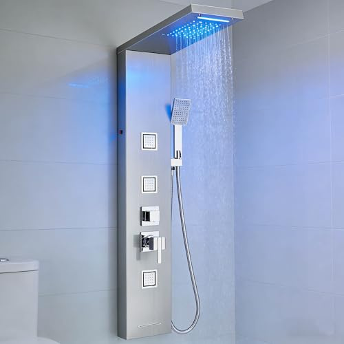Columna de Ducha Multifuncional con Hidromasaje, Panel de Ducha de Acero Inoxidable con 5 Funciones, Acabado Cepillado, Sistema de Ducha Mural con LED.