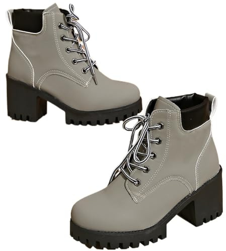ZPLMIDE Botines de tacón grueso con cordones para mujer, cómodos y modernos, con plataforma, de tacón alto, estilo casual, botas cortas, gris, 39 EU