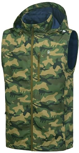 Little Donkey Andy Men's Lightweight Softshell Vest Detachable Hood Windproof Golf Sleeveless Jacket for Hiking Running Green Camouflage 3XL
