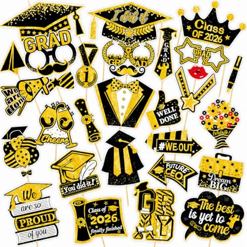 30 PCS Graduation Photo Booth Props, Photo Booth Frame Photoes Prop | Funny Graduation Party Selfie Props, Large Graduation Decoration Class of 2026 for High School and College Graduations
