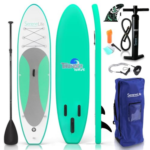 SereneLife Stand Up Paddling Board Set – SUP Board Aufblasbar mit Paddel, Pumpe, Leine, Finne, Rucksack & Mehr – SUB Paddleboard für Kinder & Erwachsene – für Wassersport in Seen, Flüsse & Meer