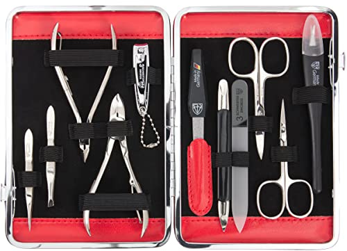 Tre svärda Tyskland manikyrset Fano nagelset med nagelsax, hudsax, nageltång och mycket mer – 11 delar i robust ramfodral – röd