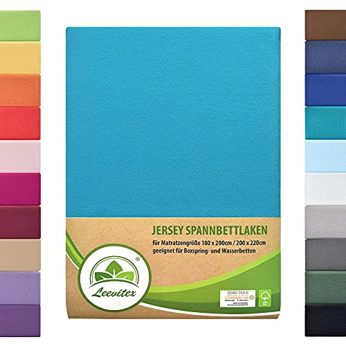 Boxspringbett & Wasserbett Spannbettlaken von leevitex® | Spannbetttuch | ÖKO-TEX | 180x200 – 200x220 cm | 100% Jersey-Baumwolle | 150 g/m² | 40 cm Steg | Türkis/Oceanblau