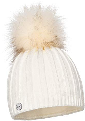 ELIMELI Mütze Damen Winter warme Strickmütze Wollmütze mit Kaschmir Wintermütze mit Kunstfell Bommel Slouch Strick Beanie Damen für Winter Bommelmütze Hergestellt in EU Farbenauswahl (Weiß)