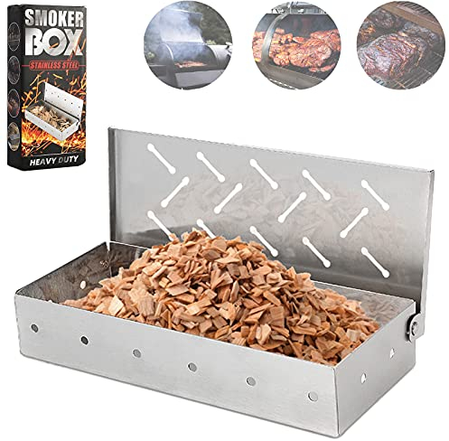Smoker Box for BBQ Grill Wood Chips -Smoker Grill Accessories - Charcoal & Gas Barbecue Meat Smoking with Hinged Lid - Best Grilling Accessories & Utensils Gift for Dad