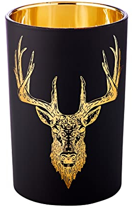EDZARD Tea Light Holder Tea Light Glass Forest for Candles, Stag Motif, Exterior Black/Gold Interior, Height 7.09 in, Diameter 5.53 in