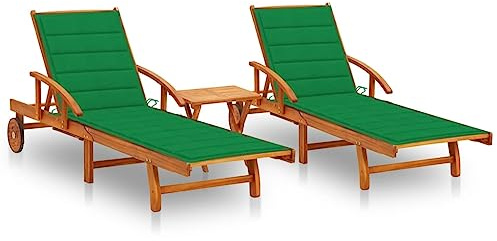 vidaXL Wooden Sun Lounger Set with Cushions - Solid Acacia Wood, Adjustable Recline, 2 Loungers & Side Table - Outdoor Use with Green Rustic Design Garden Furniture