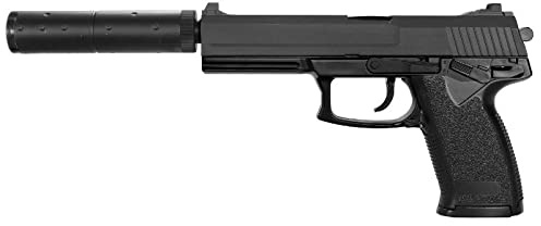 2EAGLE Pistola de Airsoft MK23 con silenciador ficticio-Modelo de Resorte-Disparo Manual/Modo de Disparo-Color: Negro y Gris-Potencia 0.5 Joule