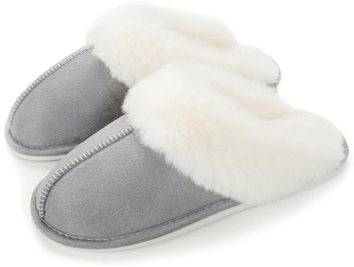 Hausschuhe Damen Herren Winter Plüsch Warm gefüttert Hausschuhe Pantoletten Bequeme Rutschfeste Flache Slippers Grau, 40/41 EU