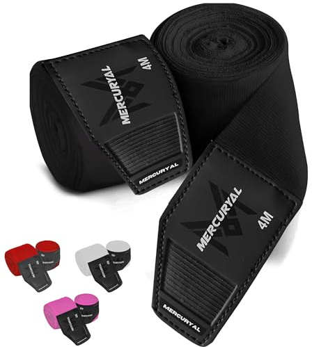 MERCURYAL Bandage Boxning 4m för handskydd - Bandage Boxning Inre Handskar - Band Boxning - Hand Wraps Muay Thai MMA Kick Boxing Martial Arts - Bandage för kvinnor och män (Svart)