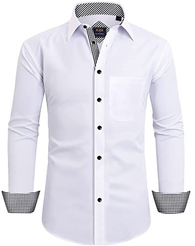 siliteelon Mens Shirts Regular Fit White Dress Shirt Constrast Stretch Formal Wrinkle Free with Pocket Work Wedding Interviews Graduation Button Down Shirt for Men 2XL