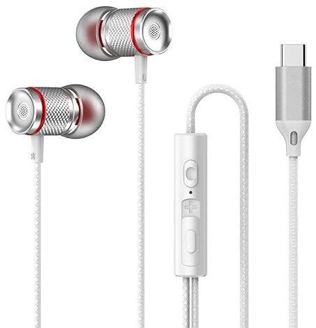jj-shop24 Écouteurs intra-auriculaires USB-C pour le sport, Huawei, Samsung, iPad, Xiaomi, Google, blanc/argenté