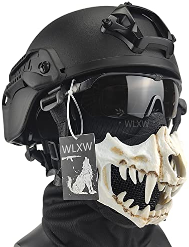 WLXW Casco tattico Mich 2000 con Maschera Teschio Softair,Occhiali Tattici Militari 4 Lenti,Torcia Tattica, Clip per Torcia da 25 mm,per Halloween Cosplay Paintball CS Caccia Cosply (Color : Black1)