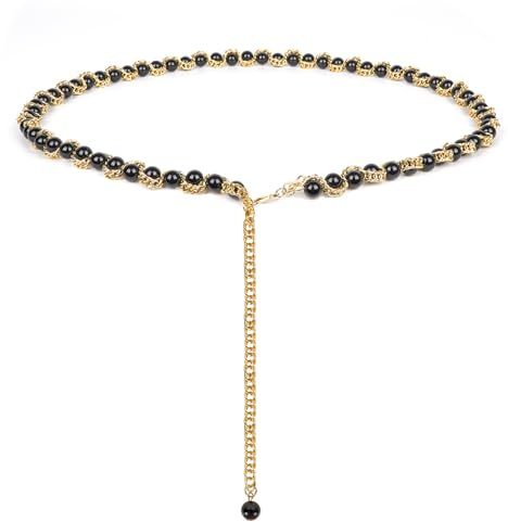 Cinturón de cadena de talla grande para mujer, cadenas de cintura de perlas sintéticas de color dorado y negro, cadena corporal extra larga, cadena de cinturón gruesa ajustable de 59 pulgadas
