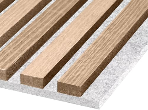 HPFloor Akustik Wandpaneele | MDF Lamellen mit Eichenfurnier | Wandverkleidung zur Schalldämmung & Schallschutz | 240 x 60 cm | 21 mm stark | Filz hellgrau | Light Oak