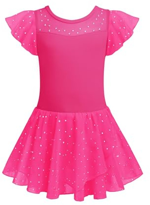 Zaclotre Girls Ballet Leotards Ruffle Sleeve Sparkle Dance Leotard Hot Pink
