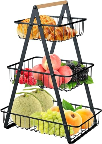MEESOGA Cesta de Frutas y Verduras de Metal Con 3 Niveles - Frutero y Panera Para Cocina - Almacenamiento Para Aperitivos