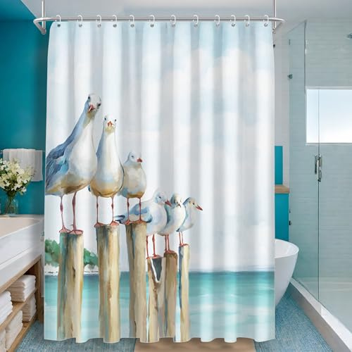 SUMGAR Shower Curtain 180 x 180 cm Lighthouse, Seagull Shower Blind, Ocean Shower Blind for Bathtub, Water-Repellent, Washable Polyester Bath Curtains with 12 Eyelets and Shower Curtain Rings for