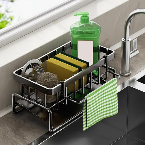 CYZBL Multifunctional Kitchen Sink Storage Organiser, Black Stainless Steel Sponge Holder, Countertop Cleaning Rack with Removable Dish Cloth Hanger, Washing up Caddy for Kitchen Bathroom (Black)