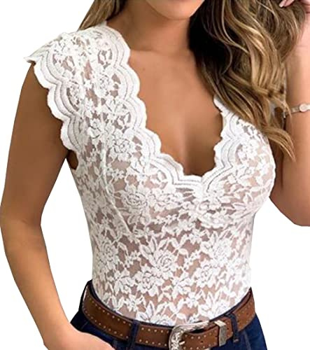 PANOZON Mujer Camiseta de Encaje sin Mangas Top Elástico Cuello V Sexy Camisola Cami Casual Tops(Blanco,S)