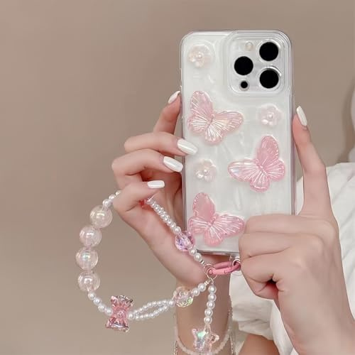 Bakicey Kompatibel med iPhone X fodral, 3D-fjäril blomma laser Aurora transparent TPU skyddande fodral med söta pärlarmband flicka reptåligt fodral skydd för iPhone X, rosa
