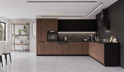 Winkelküche Monza + Siena 350x290 cm Küchenzeile Eckküche Küche Nußbaum Schwarz