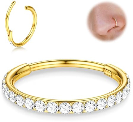 BodyBonita G23 CZ Titanio Piercing Naso - 16G Anelli per Setto Nasale Cerchio Clicker Cartilagine Orecchino per Donna Elica Rook Trago Conch Piercing Gioielli Anello Daith Oro 12mm