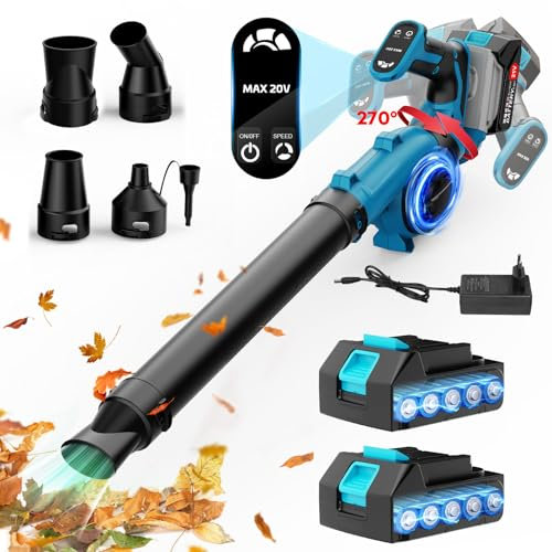 Souffleur De Feuilles sans Fil, 17000Rpm Souffleur À Feuilles avec Batterie, 2x3.0Ah Batteries Et 1 Chargeur, 21V Souffleur Feuilles 4 Buses pour L'Entretien De La Pelouse pour Les Feuilles, l'herbe