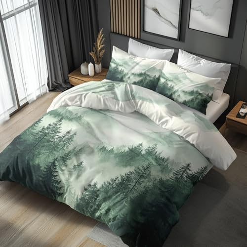 Generico Copripiumino Matrimoniale Foresta Montagna, Set di Biancheria da Letto in Microfibra 3 Pezzi, Parure Copri Piumino 240x220 e 2 Federe 50x80 con Cerniera FCW77