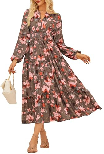 GRACE KARIN Abito lungo da donna, elegante, a maniche lunghe, scollo a V, linea A, motivo floreale, con punto smock in vita, Fiore Arancione Rosa Cachi, XL