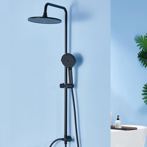 Auralum Colonna Doccia senza Miscelatore, Set Doccia con 25 cm Soffione a Pioggia e Doccetta, Fori Muro e Asta Doccia Regolabili, Nero
