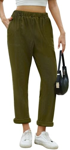 Yutdeng Pantalón de Pana Mujer Pantalones Largos Elegante con Bolsillos Cintura Alta Elasticos Casual 7/8 Pantalones Pana Mujer Suelto Pierna Rectos Pantalón Ancho Invierno Otoño,Verde,S