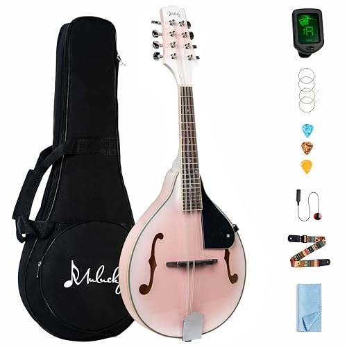 Mulucky A Style Mandolins Instrument, 8 String Acoustic Mandolin with Beginner Kit, Case, Tuner, String, Picks - Pink