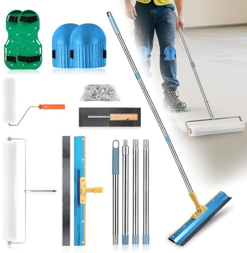 BOYIFEIJIE Golvbeläggningsset i 6 delar – luftningsrulle 11 mm och nagelskor 30 mm – inkl. ståskrapa i rostfritt stål, teleskopstång och tillbehör – professionellt verktyg för utjämningsmedel och