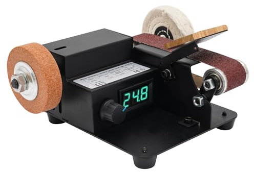 VonVVer Mini bandslipmaskin elektrisk med 350 W och 0–10 000 varv/min – professionell bordsslipmaskin med 7 steg, inkl. 10 slipband, polerhjul och slipskiva för knivar, metall, trä