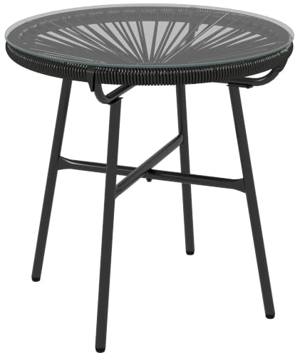 Outsunny Table Basse Ronde de Jardin Extérieur Ø 50 x 50 cm Noir | Résine Aspect Rotin, Métal, Plateau Verre Trempé
