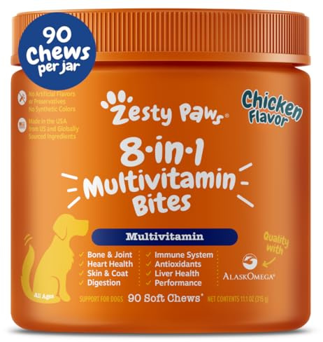 Zesty Paws Dog Multivitamin, Chewable Dog Vitamins and Supplements for Hip & Joints, Skin & Coat, Omega 3 Fish Oil for Dogs- Senior & Puppy Multivitamin- Chicken- 90ct