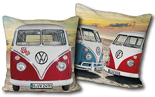 VW Volkswagen Kuschel-Kissen Bulli T1 rot blau 40 cm x 40 cm VW Bus Campervan Schmusekissen Kuschelkissen Deko-Kissen Zierkissen Auto-Kissen Reise-Kissen Kopfkissen Polster Retro zur Bettwäsche 085
