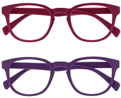 OPULIZE Pop Gafas de Lectura Pack de 2 Redondas Rosa Fucsia y Violeta Mate Satinado Bisagras con Muelle Resistentes a los Arañazos Hombre Mujer RR2-45 +1.50