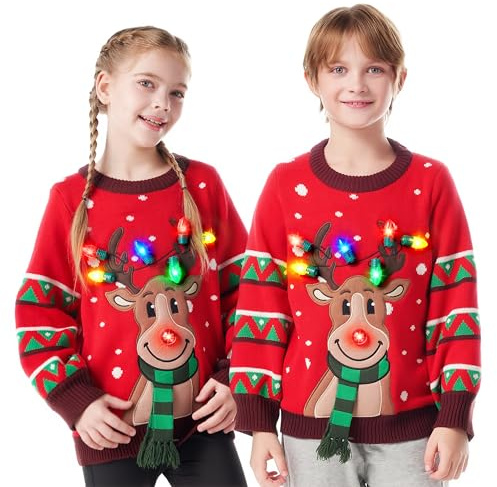 JOYIN - Suéter de Navidad feo para niños con luz LED en forma de reno, bombillas integradas para niños y niñas (rojo), Small (5-7 yrs)