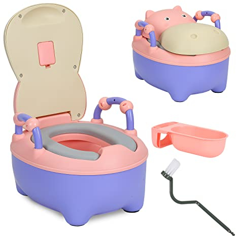 Ikodm Baby Toilette Toilettensitz, Kinder Töpfchen, Typ der Schublade Baby Potty, Toilettentrainer mit Griffe, Bürste, weiches PU-Kissen, Babytopf Anti-Spritzschutz, Cartoon Deckel（Rosa）
