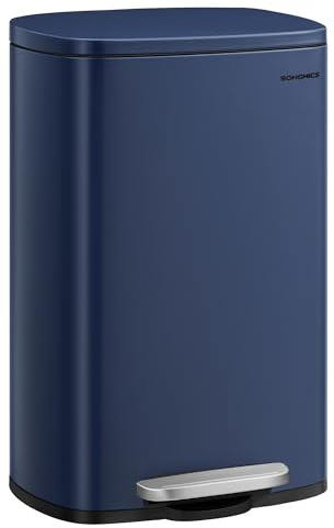 SONGMICS Pattumiera da 13 galloni, bidone della spazzatura da cucina in acciaio inossidabile, cestino per riciclaggio o rifiuti, chiusura ammortizzata, pedale step-on, secchio interno rimovibile, blu