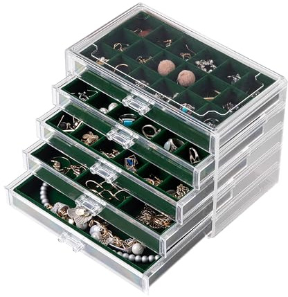Frebeauty Boîte de rangement en acrylique transparent pour bijoux et boucles d'oreilles avec 5 tiroirs et plateaux en velours pour femme - Pour bagues et clous d'oreilles, vert noirâtre