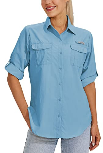 WILLIT Camicia da donna blusa da escursione UPF 50+ maglietta UV a maniche lunghe camicia funzionale Safari pesca SPF ad asciugatura rapida camicie escursioni outdoor, Azzurro, XS