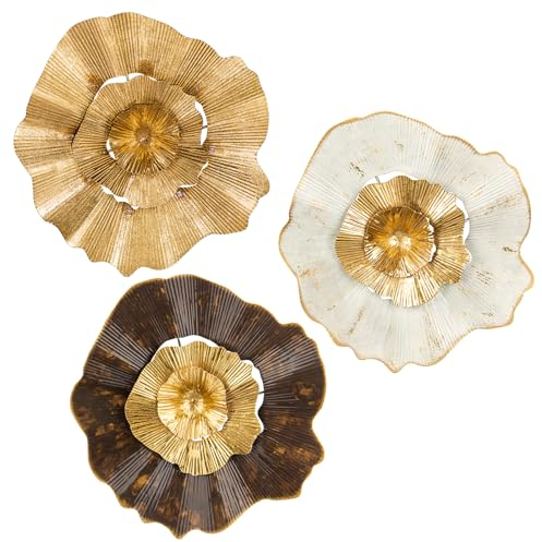 Hollyone 12 Gold Wall Décor Pack of 3 Metal Flower Plate Wall Art Modern Accent Hanging Wall Decorations for Home Office Bedroom Living Room Wall Sculptures