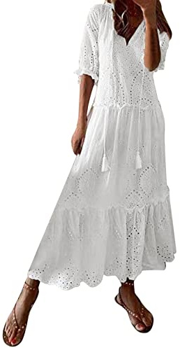 WVONIF Robe d'été pour Femme Boho Maxi à Lacets avec Pompon col en V évasé à Volants Robes de Plage Décontractée San Manches Robe Longue Ete Boheme Maxi Robe de Soirée Élegante Cocktail Chic Pas Cher