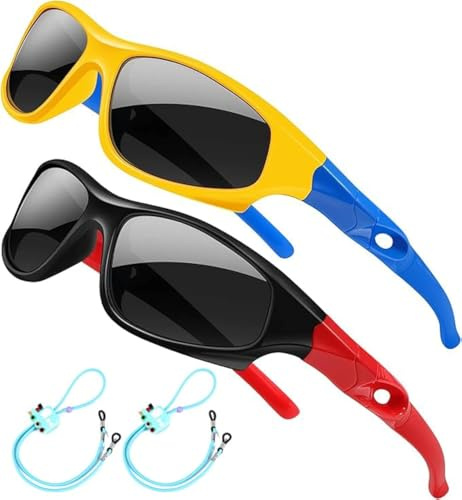 Rocf Rossini Pack of 2 Flexible Kids Sunglasses Boys Polarized Sports Sun Glasses Girls Cycling Shades with Straps UV400 Protection Eyewear for Age 3-10 (Black/Red+Yellow/Blue)
