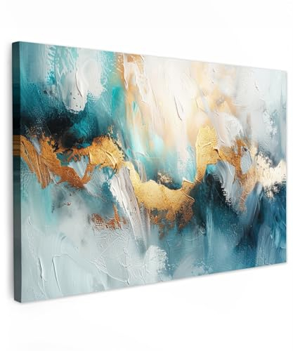 MuchoWow© Leinwandbilder Groß 120x80 cm XXL Wall Art Decoration Bilder für die Wand Schlafzimmer Deko Canvas Painting Wanddekoration Wohnzimmer Abstrakt - Kunst - Gold - Blau